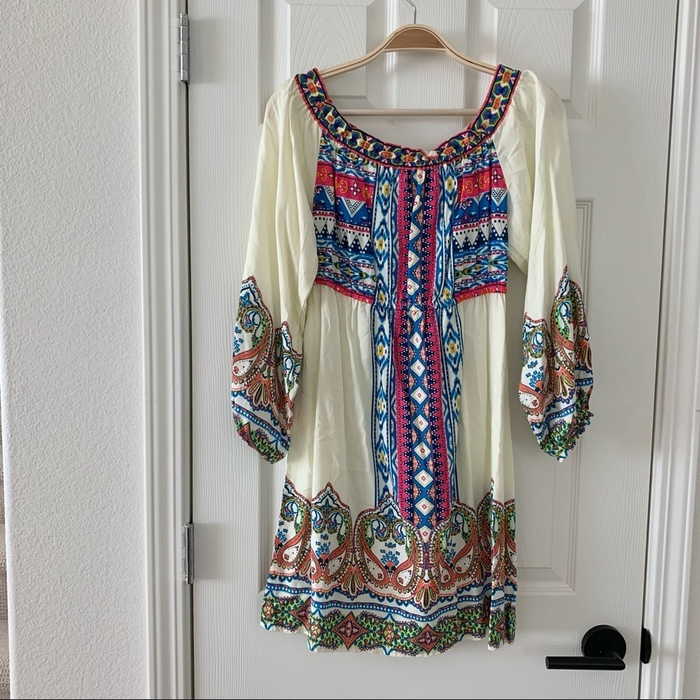 πΌ Cream Off-White Tribal Bohemian Boho Paisley Print Peasant Dress - Picture 9 of 16